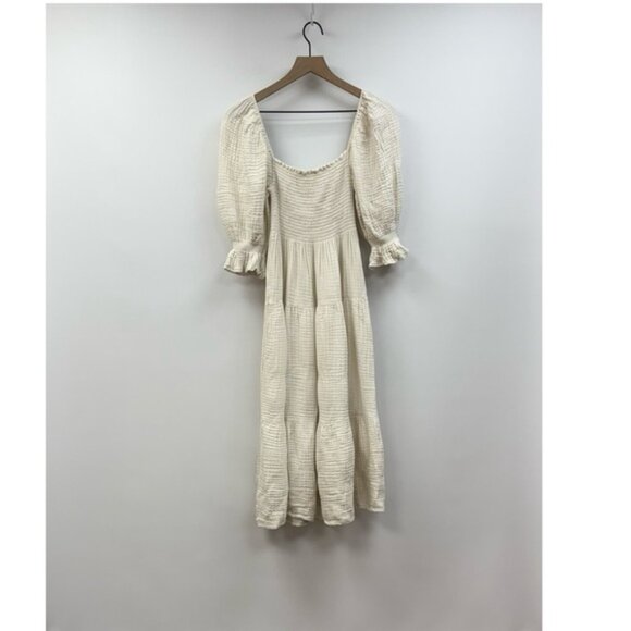Nothing Fits But Kiko Woven Gauze Puff Sleeve Square Neck Midi Dress Cream S/M - Picture 4 of 11
